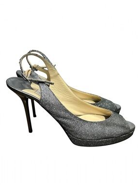 Jimmy Choo Nova Silver Anthracite Glitter Slingback Heels Peep Toe Stiletto 38